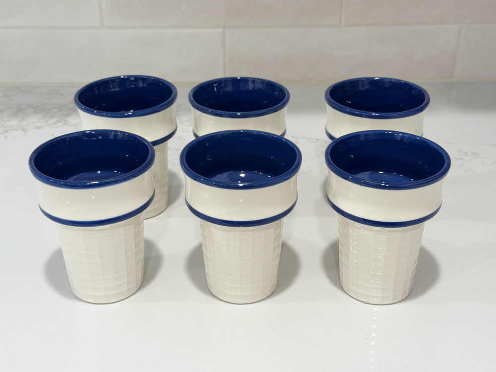Set 6 Transpac Ceramic Waffle Cone Ice Cream Cups Blue White Dessert Bowls 4.5"